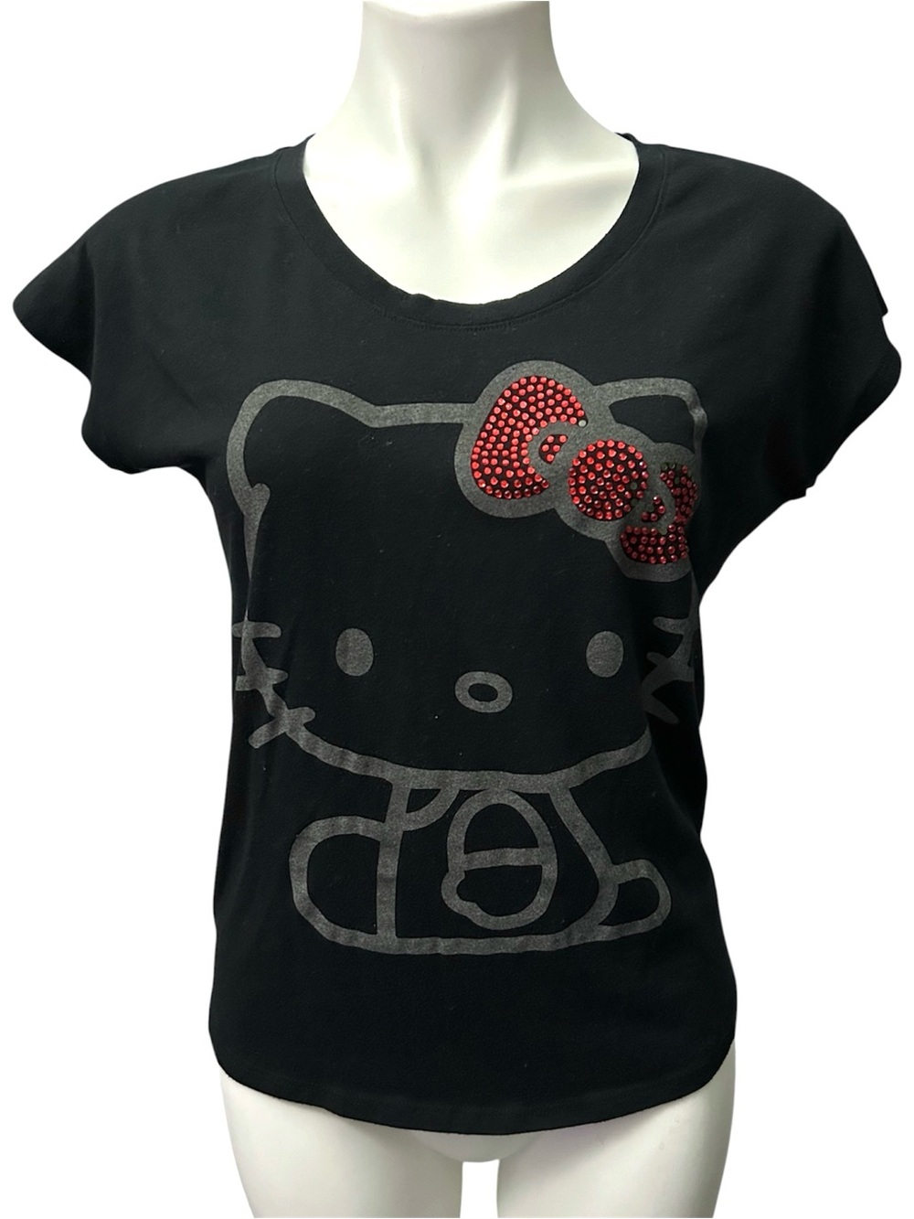 Hello Kitty Sanrio Black Red Rhinestone Bow Tshirt Shirt - Size Small
